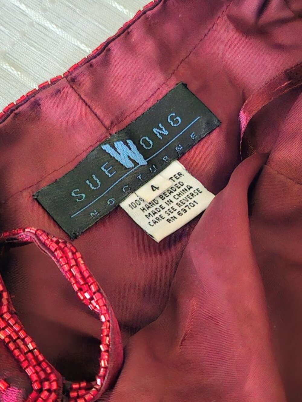 Vintage Sue Wong Nocturne Burgundy Iridescent Taffeta Beaded Gown, Size 4 - Picture 4 of 15